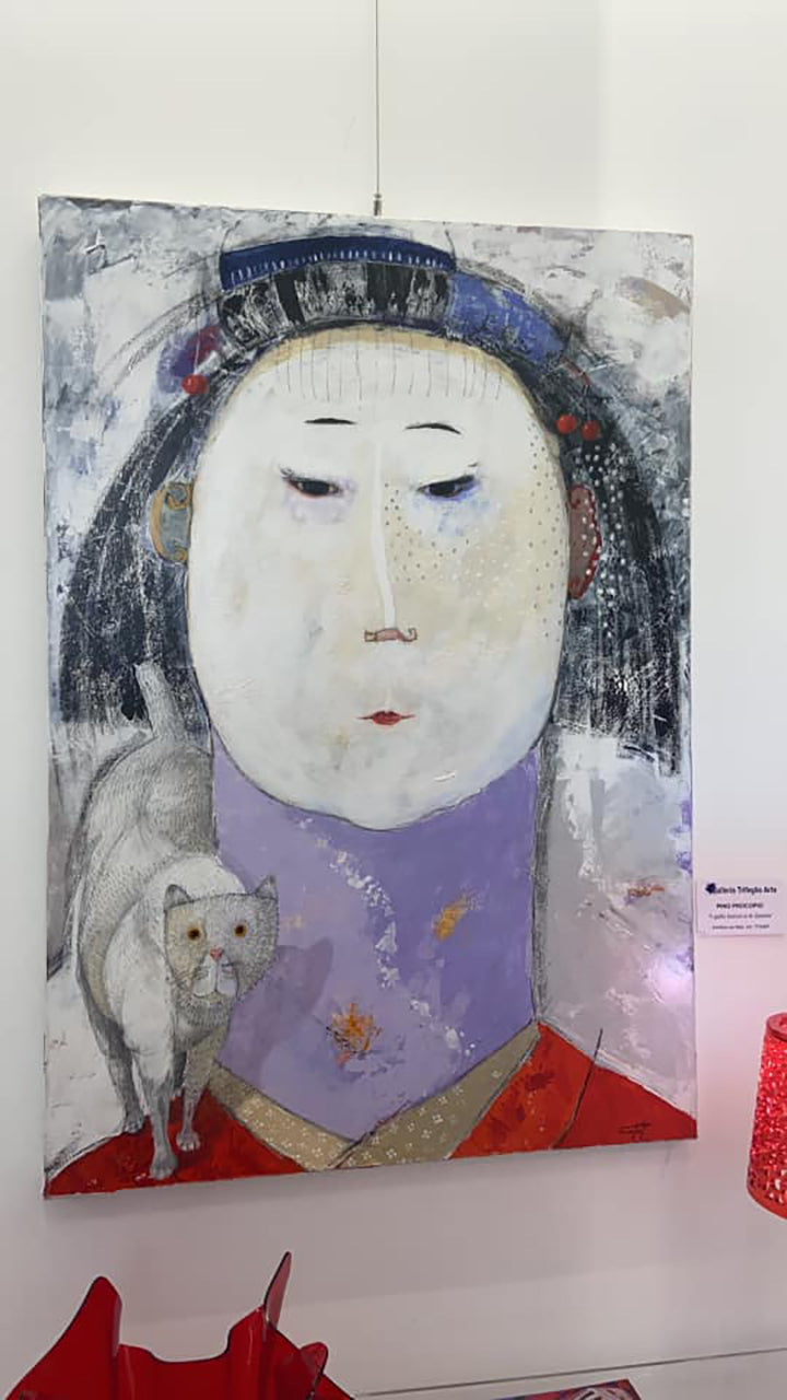 Pittura – Acrilico su tela – Pino Procopio – Il gatto bianco e la Geisha
