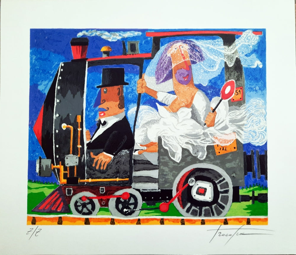 Screenprint Pino Procopio - Sposi in treno