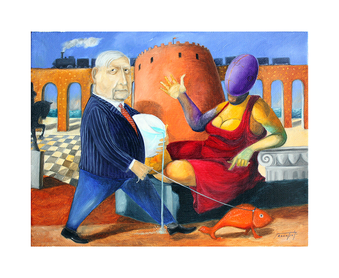 Fine Art Giclèe Pino Procopio - Giorgio De Chirico porta a passeggio un pesce rosso in una piazza d'Italia