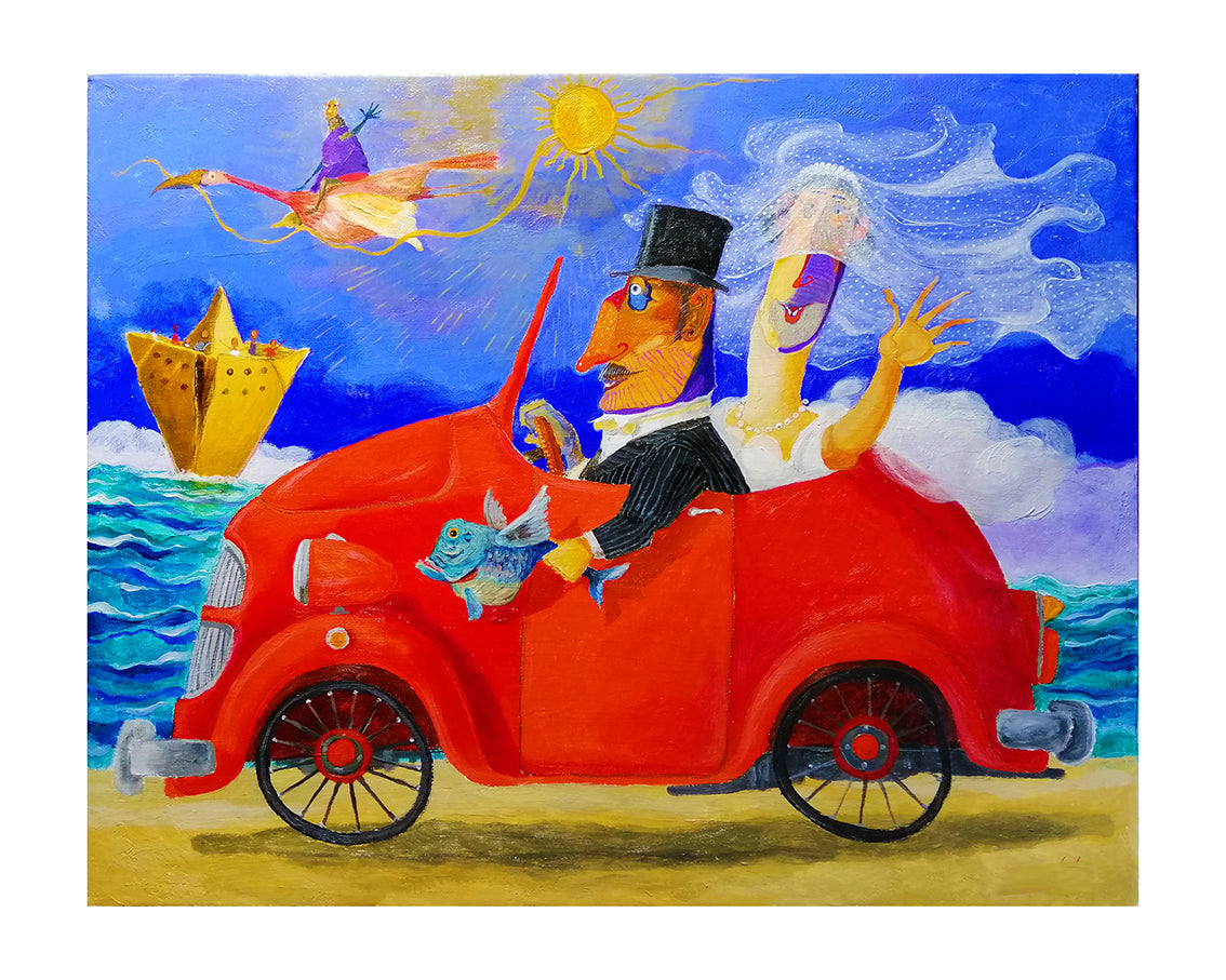 Opera multipla Giclèe Pino Procopio - Matrimonio su macchina rossa 15x12