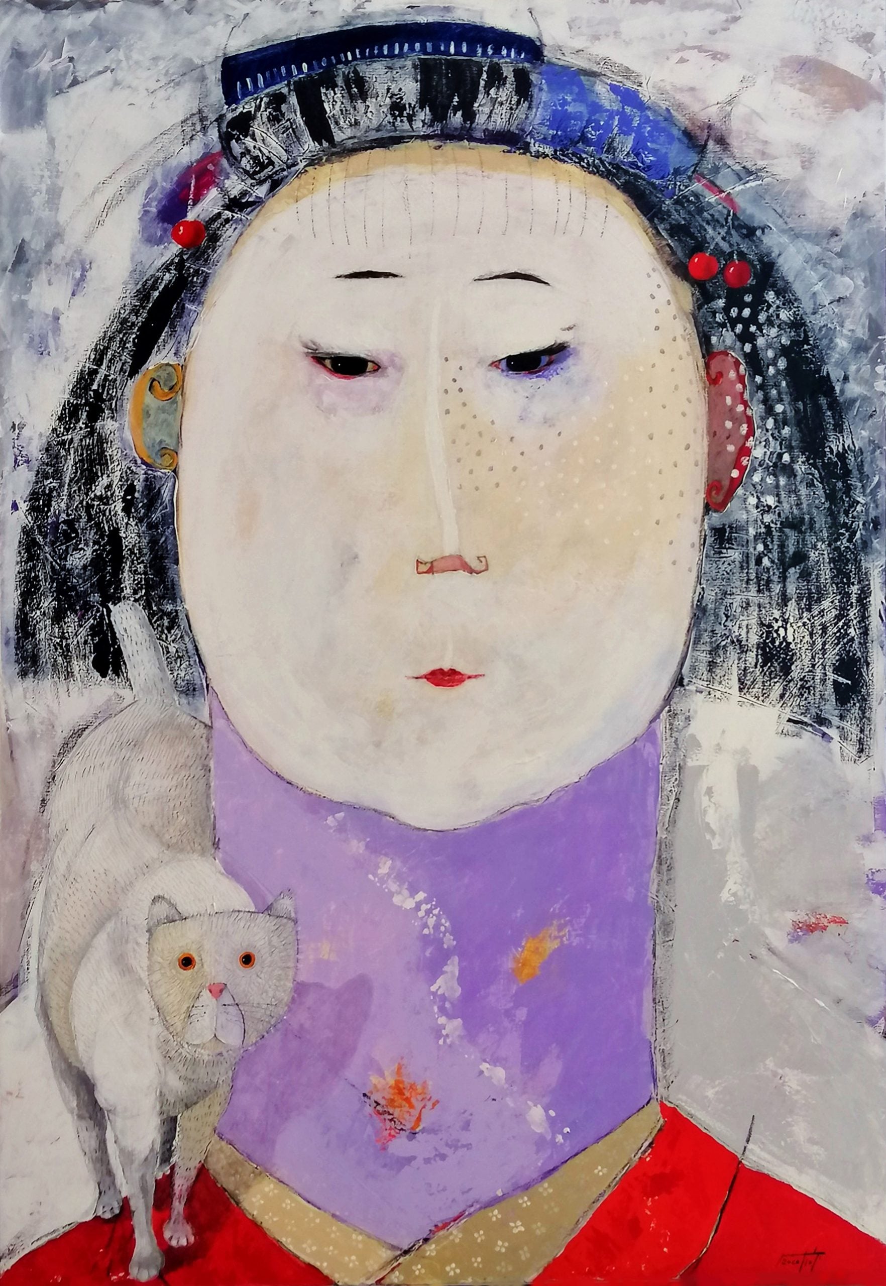 Pittura – Acrilico su tela – Pino Procopio – Il gatto bianco e la Geisha