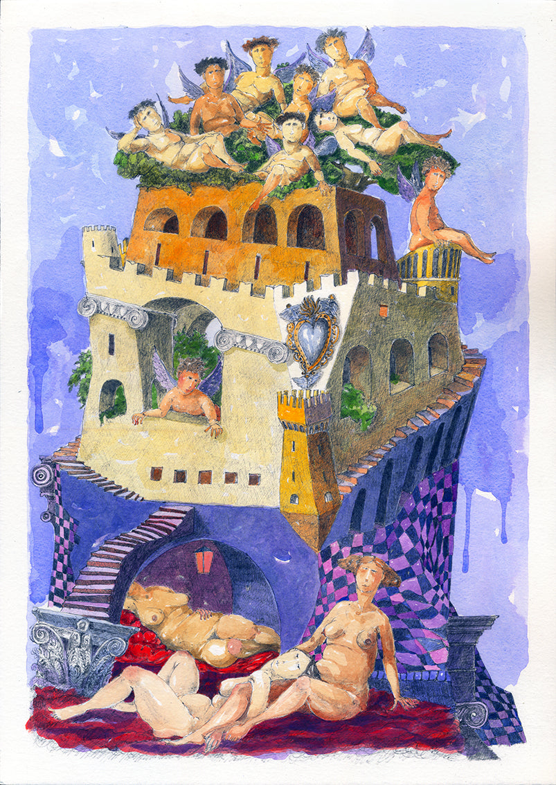 Opera multipla Litografia Pino Procopio - La torre dell'Amor Sacro e Amor Profano cm.50x70