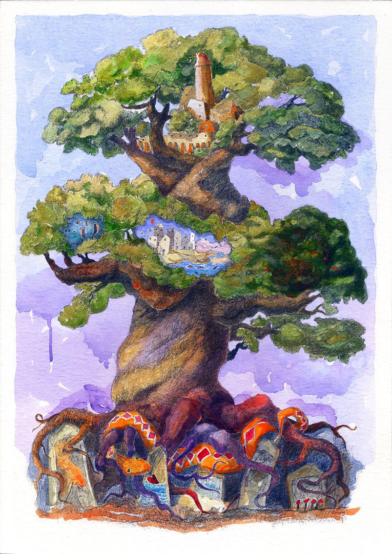 Pino Procopio - Grafica Litografia colorata a mano - Yggdrasil. l'albero cosmico