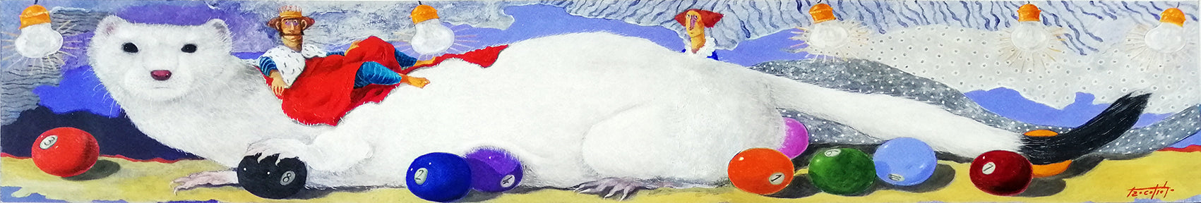Pittura - Tecnica mista su carta applicata Pino Procopio - Un ermellino sul biliardo regale